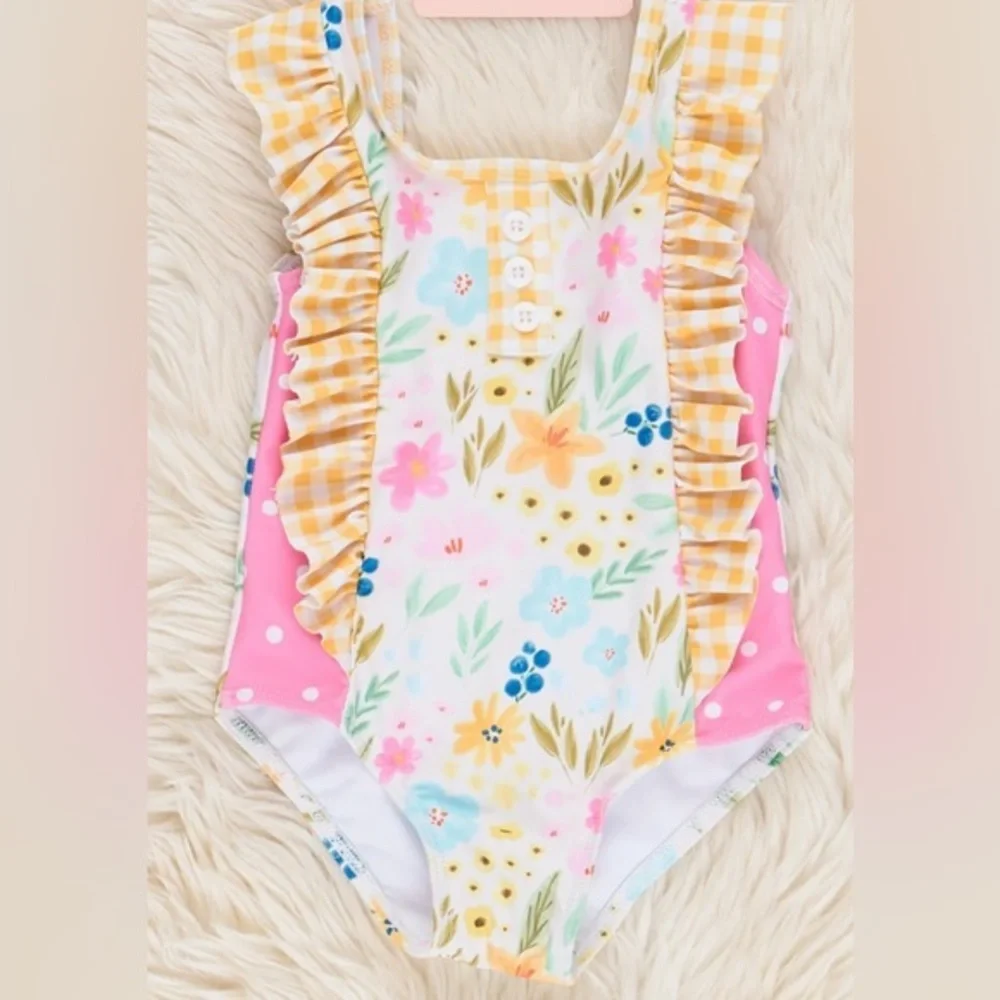NEW….Girls Floral Ruffle One-Piece Swimsuit in Pink and Yellow